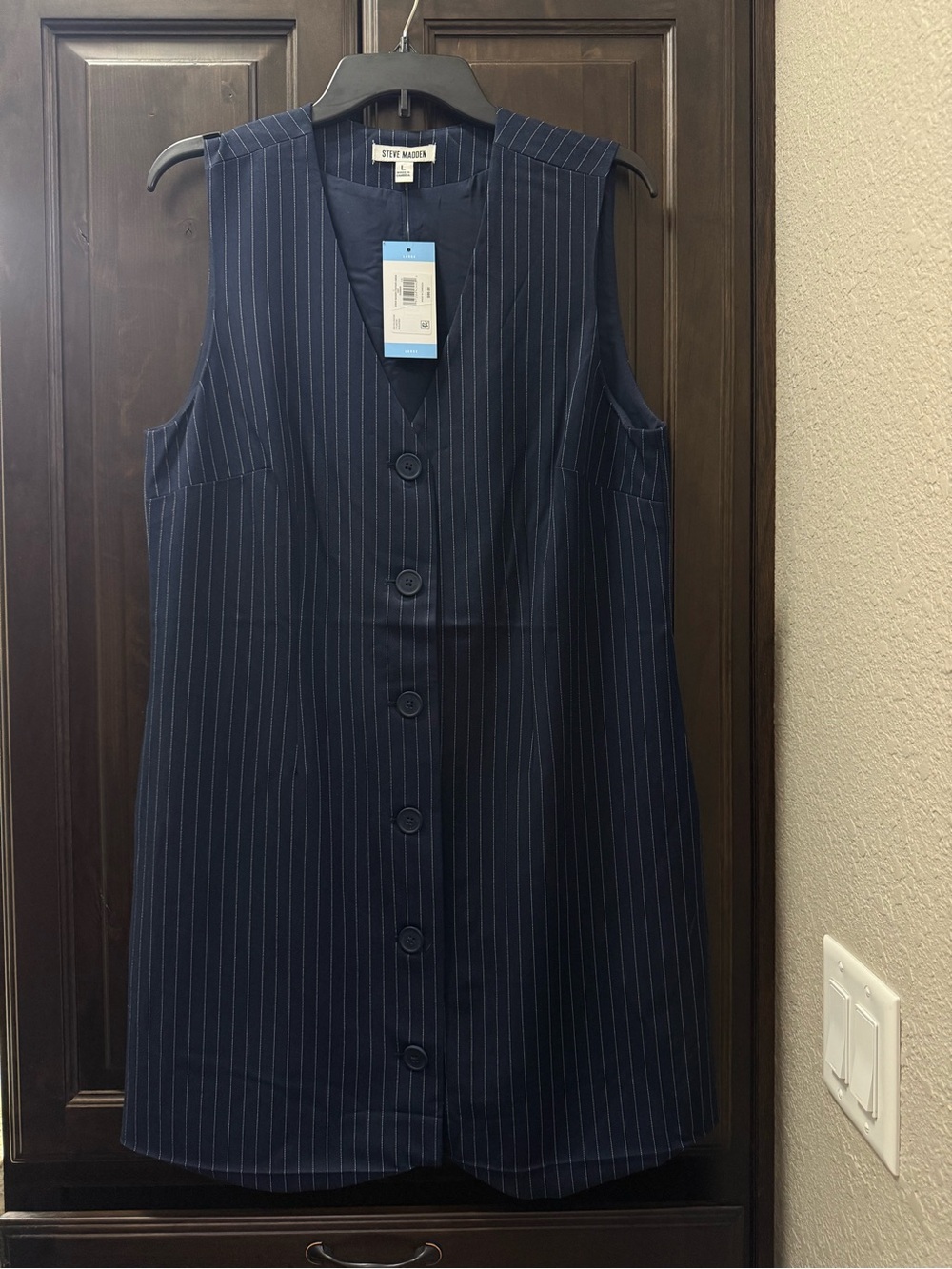 Steve Madden Navy Pinstripe Sleeveless Button-Front Midi Dress